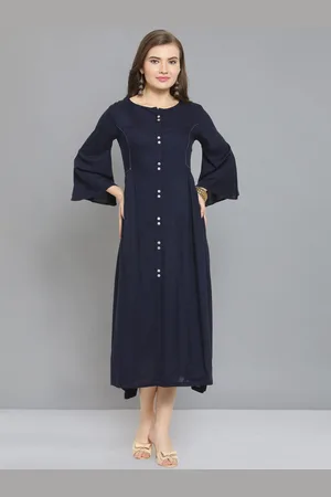 Kvsfab Navy Blue Flared Sleeves Asymmetric A-Line Ethnic Dress