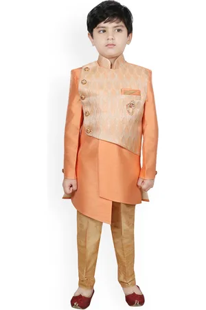 SG Boys Orange & Gold-Coloured Woven Design Raw Silk Sherwani Set