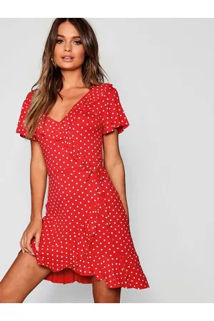 Boohoo Polka Dots Printed Ruffle A-Line Dress with a Belt