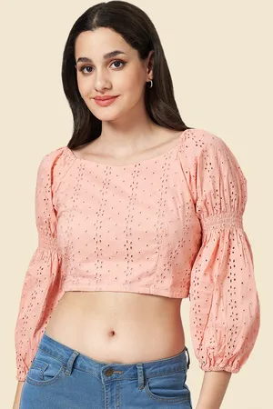 Pantaloons Sweetheart Neck Puff Sleeve Schiffli Cotton Crop Top
