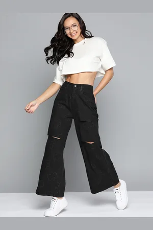Mast & Harbour Women Wide Leg Slash Knee Printed Stretchable Jeans