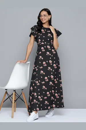 Mast & Harbour Floral Print Flutter Sleeves Crepe Fit & Flare Maxi Dress