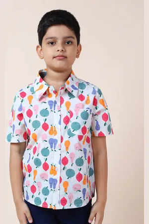 CrayonFlakes Boys Conversational Printed Spread Collar Cotton Casual Shirt