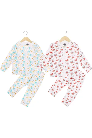 The Mom Store Kids White & Blue Set of 2 Printed Cotton Clothing Set