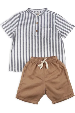 Biglilpeople Boys Striped Mandarin Collar Cotton Linen Shirt With Shorts