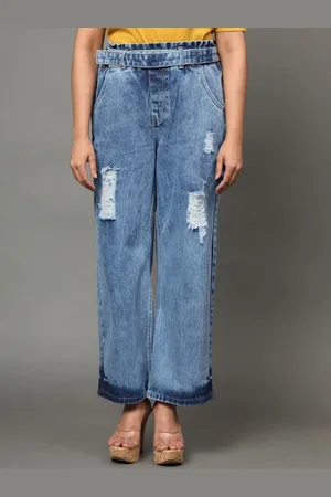 AngelFab Women Jean Wide Leg High-Rise Mildly Distressed Heavy Fade Cotton Jeans