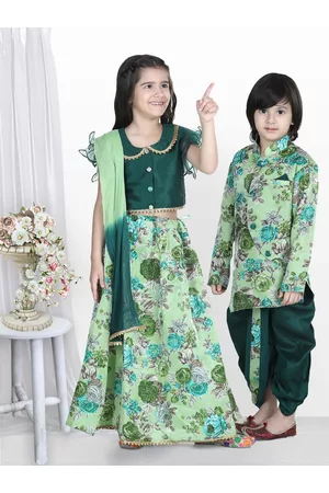 BownBee Girls Green & Grey Printed Ready to Wear Lehenga & Blouse With Dupatta