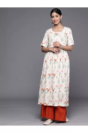 Biba Pure Cotton Striped With Floral Detail Anarkali Kurta