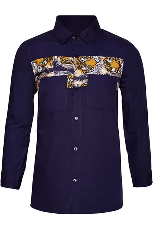 Oxolloxo Boys Navy Blue Regular Fit Printed Casual Shirt