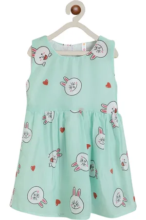 Kids On Board Sea Green Printed Cotton A-Line Dress