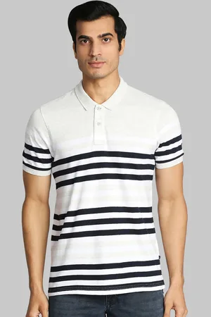 Parx Men Grey & Black Striped Polo Collar Cotton T-shirt