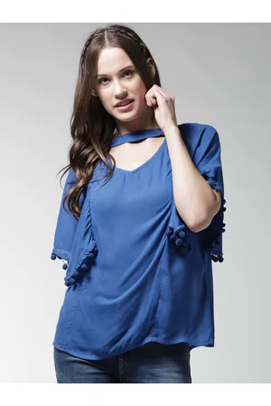 La Zoire Women Blue Solid Choker Neck Regular Top