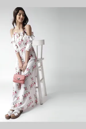 Mast & Harbour Women White & Pink Floral Print Cold Shoulder Maxi Dress