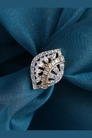 Bhana Fashion Gold-Plated AD-Studded Leaf Shaped Brass Finger Ring