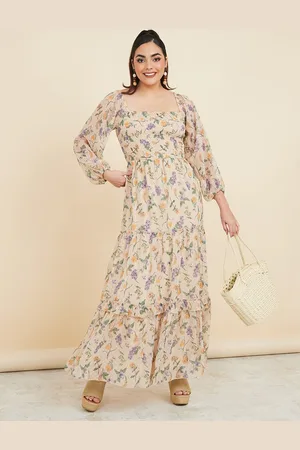 Styli Beige Floral Printed Square Neck Puff Sleeves Tiered Maxi Dress