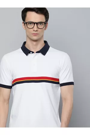 Indian Terrain Men White & Navy Blue Striped Polo Collar Pure Cotton Slim Fit T-shirt