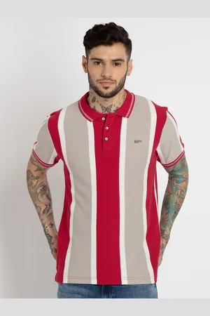 Status Quo Men Red Striped Polo Collar Cotton T-shirt