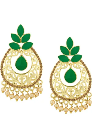 Alamod Gold-Plated Stone Studded Leaf Shaped Drop Earrings