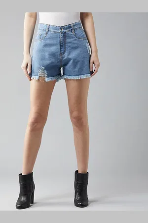 DOLCE CRUDO Women Relaxed Fit Highly Distressed Mid Rise Ripped Denim Shorts