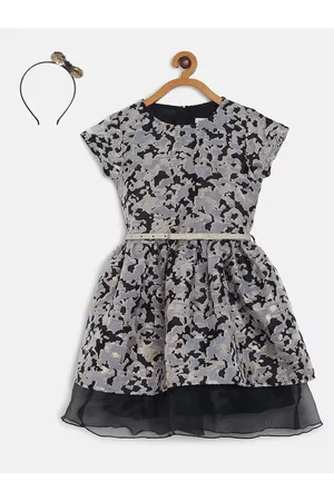 Gini and Jony Girls Black & Grey Woven Design Fit and Flare Dress with Hairband