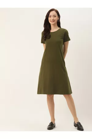 BRINN Olive Green Solid Pure Cotton T-shirt Dress