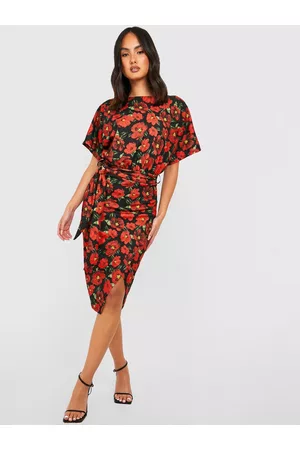 Boohoo Floral Print Boat Neck Tie-Up Waist Sheath Dress