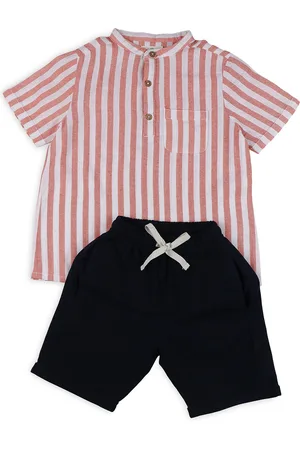 Biglilpeople Boys Striped Mandarin Collar Cotton Linen Shirt With Shorts