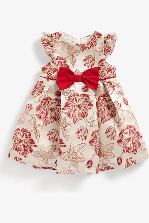 Mothercare Girls Floral Woven Design Cap Sleeves Pleated Bow Jacquard Fit & Flare Dress