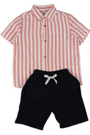 Biglilpeople Boys Striped Shirt Collar Cotton Linen Shirt With Shorts