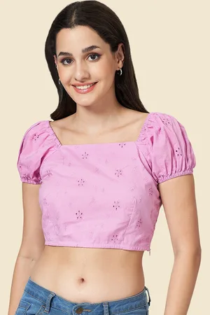 Pantaloons Floral Embroidered Puff Sleeves Schiffli Cotton Crop Top