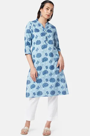 Pantaloons Floral Printed Band Collar Pure Cotton Kurta