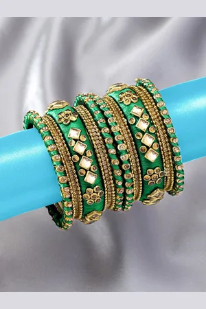 Peora Women Set of 10 Green & Gold-Toned Silk Thread & Stone Studded Chuda Bangles
