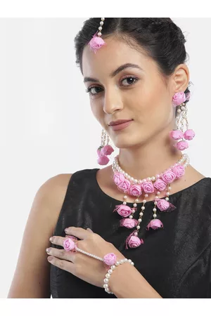 YouBella Pink & White Beaded Floral Jewellery Set with Maang Tika & Ring Bracelet