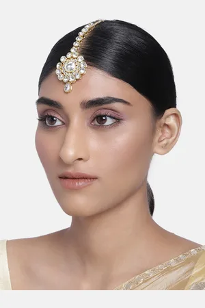 I Jewels Women Gold Plated White Stone Kundan Maang Tikka