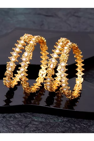 Shining Diva Set Of 4 Gold-Plated & White Kundan-Studded Antique Bangles
