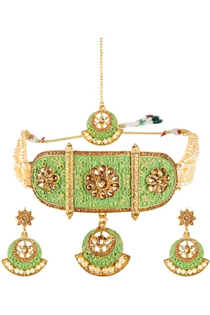 ANIKAS CREATION Green & Gold Toned Alloy Gold Plated Enamelled Choker Set With Maangtika