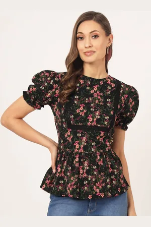 BEATNIK Floral Printed Puff Sleeves Gathered Cinched Waist Top