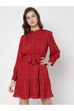 VERO MODA Mandarin Collar Tiered Mini A-Line Drees With Belt