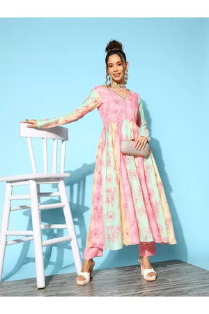 Inddus Women Multicoloured Floral Printed Pleated Kurta With Trousers