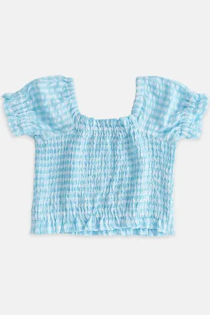 Pantaloons Girls Checked Puff Sleeve Smocked Cotton Top