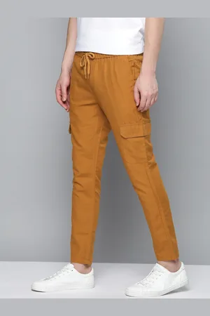 Mast & Harbour Men Mustard Yellow Solid Cotton Linen Cargo Trousers
