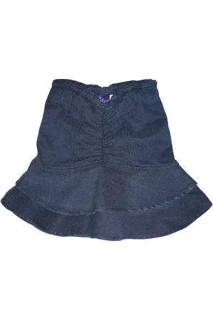 KiddoPanti Girls Blue Solid Denim Flared Ruffle Skirt