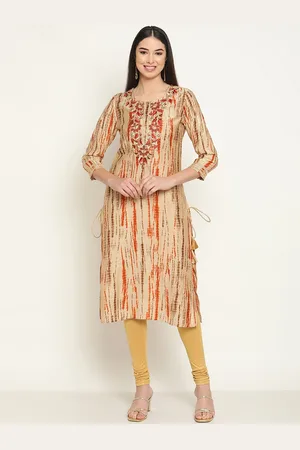 BE INDI Women Round Neck Abstract Straight Chanderi Silk Side Slits Regular Kurta