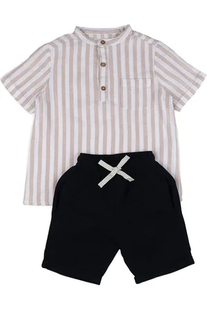 Biglilpeople Boys Striped Mandarin Collar Cotton Linen Shirt With Shorts