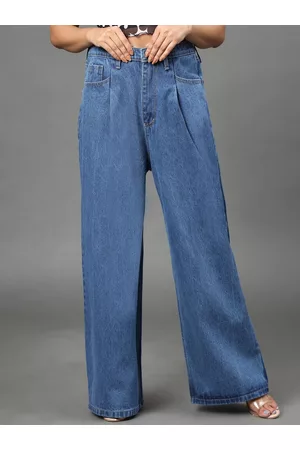 AngelFab Women Jean Wide Leg High-Rise Light Fade Cotton Jeans