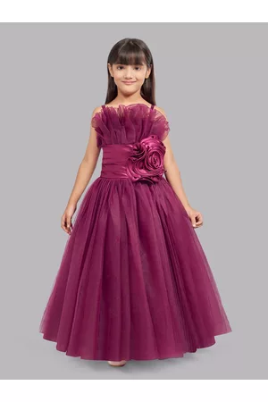 Pink Chick Burgundy Girls Shoulder Straps Ruffled Tulle Net Fit & Flare Maxi Dress