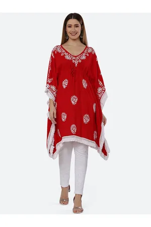 FAWOMENT Women Red Ethnic Motifs Printed Chikankari Kaftan Kurta