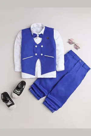 DKGF FASHION Boys Navy Blue & White Solid 3 Piece Cotton Blend Suit
