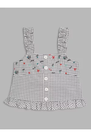 Elle Black & White Checked Embroidered Pure Cotton Smocked Top
