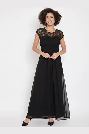 La Zoire Women Black Self Design Maxi Dress with Lace Detailing